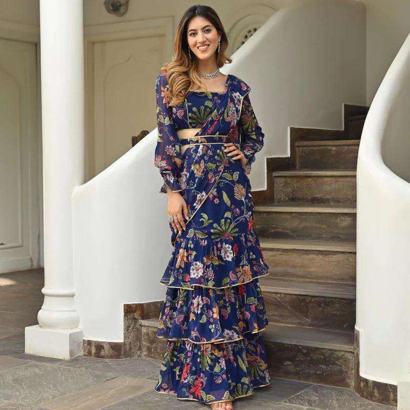 georgette saree with digital printed and fully frill flair saree and lace border full frills stylish ruffle saree in floral flower print with stylish designer blouse and belt indowester stylish saree design