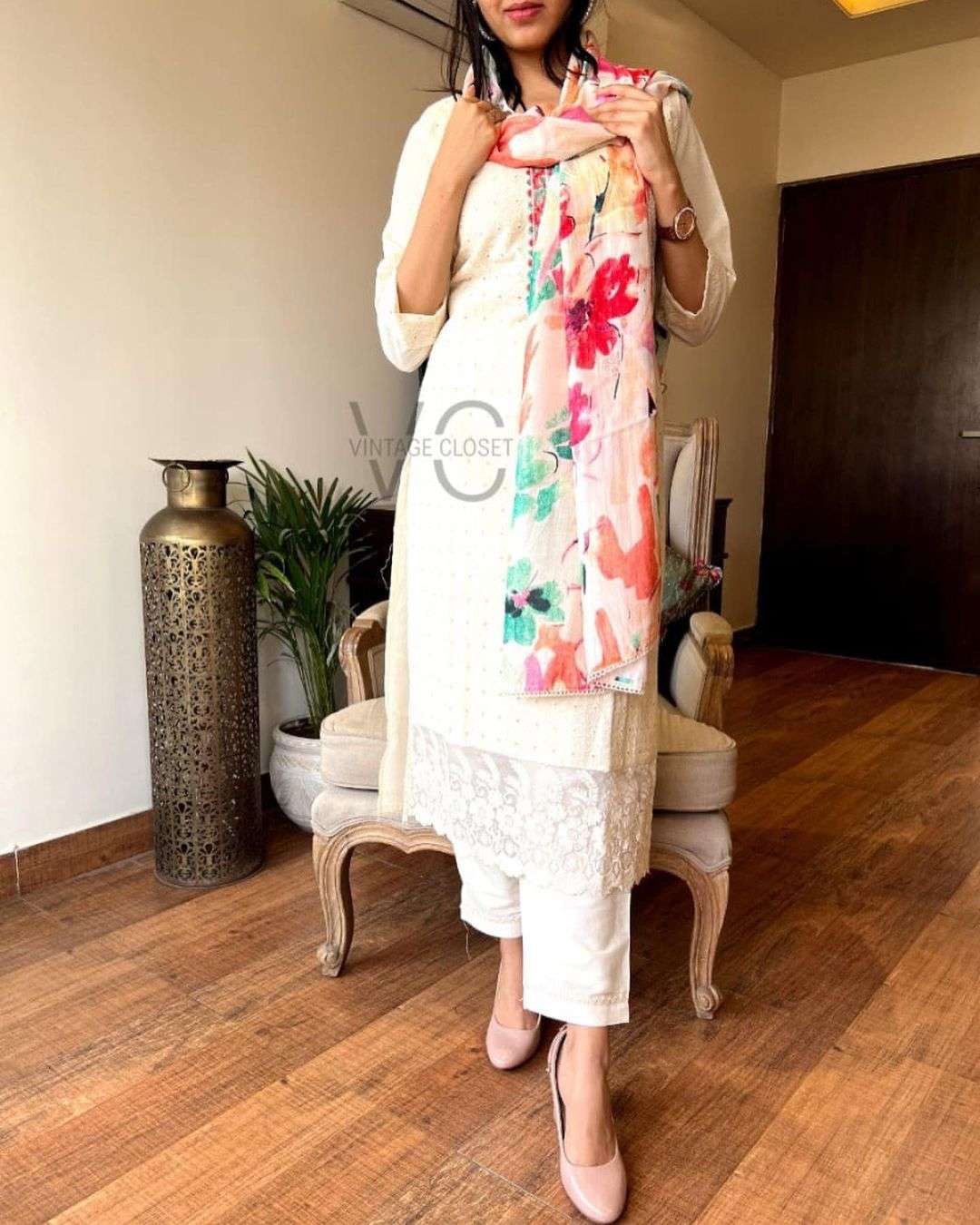 Kaur Chikankari presents Gulab Printed Makhmal Mul Mul Chikankari kurti pant Duppta that can be worn in multiple ways such as a dress  kurta or gown