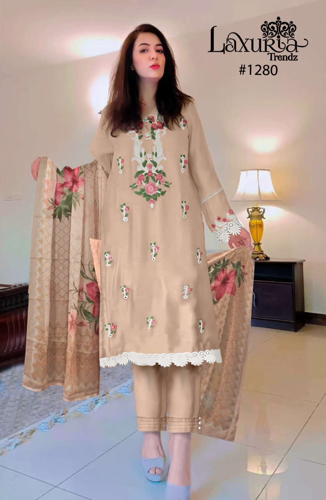 launching new design with new colours kurti with ton to ton pant n digital printed dupatta laxuria trendz design number 1280 pakistani readymade suit collection