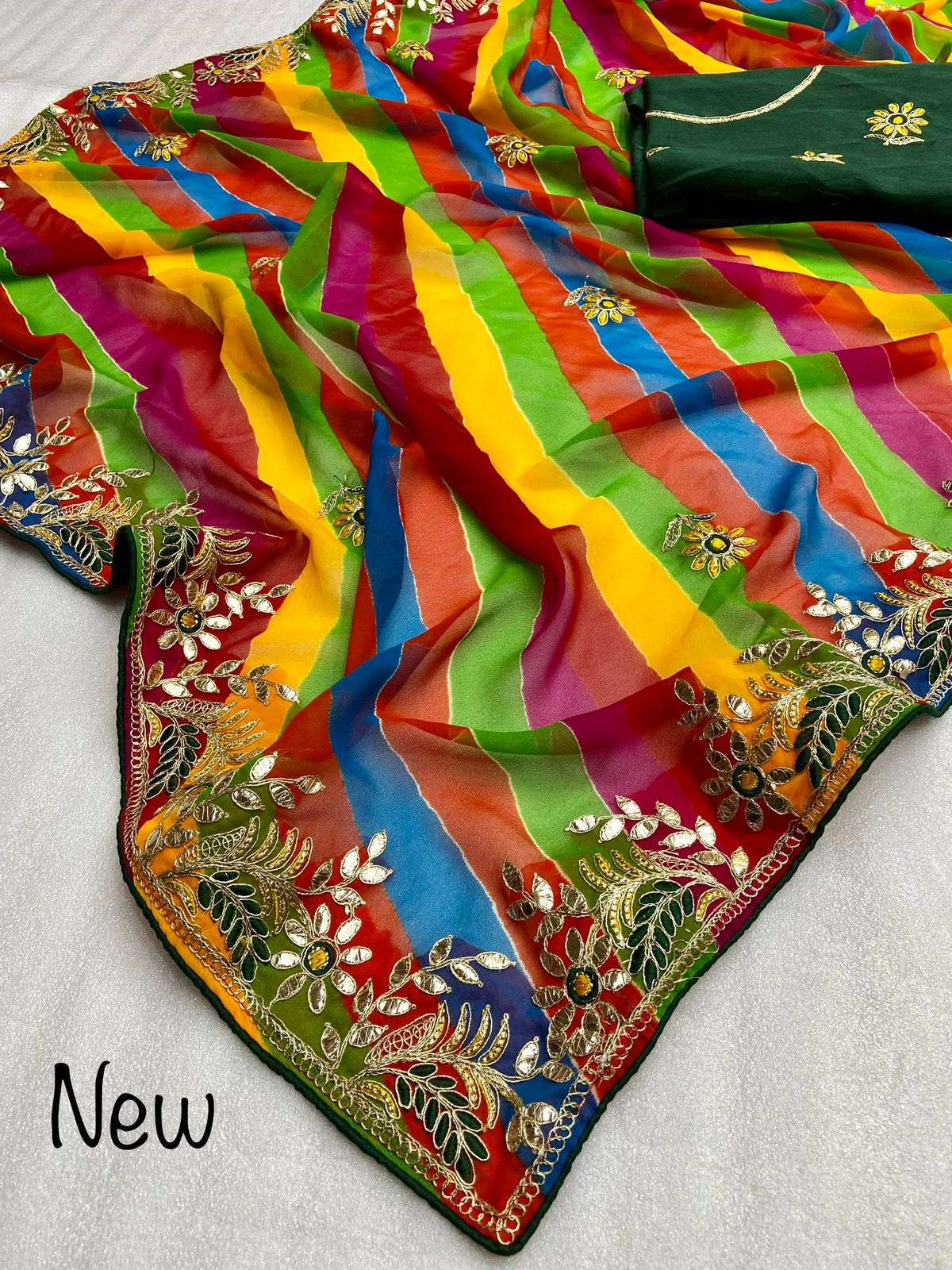 multicolour leheriya saree beautiful georgette leheriya multicolour saree with heavy cpallu gotapatti work multi work with attractive butti in all over saree 