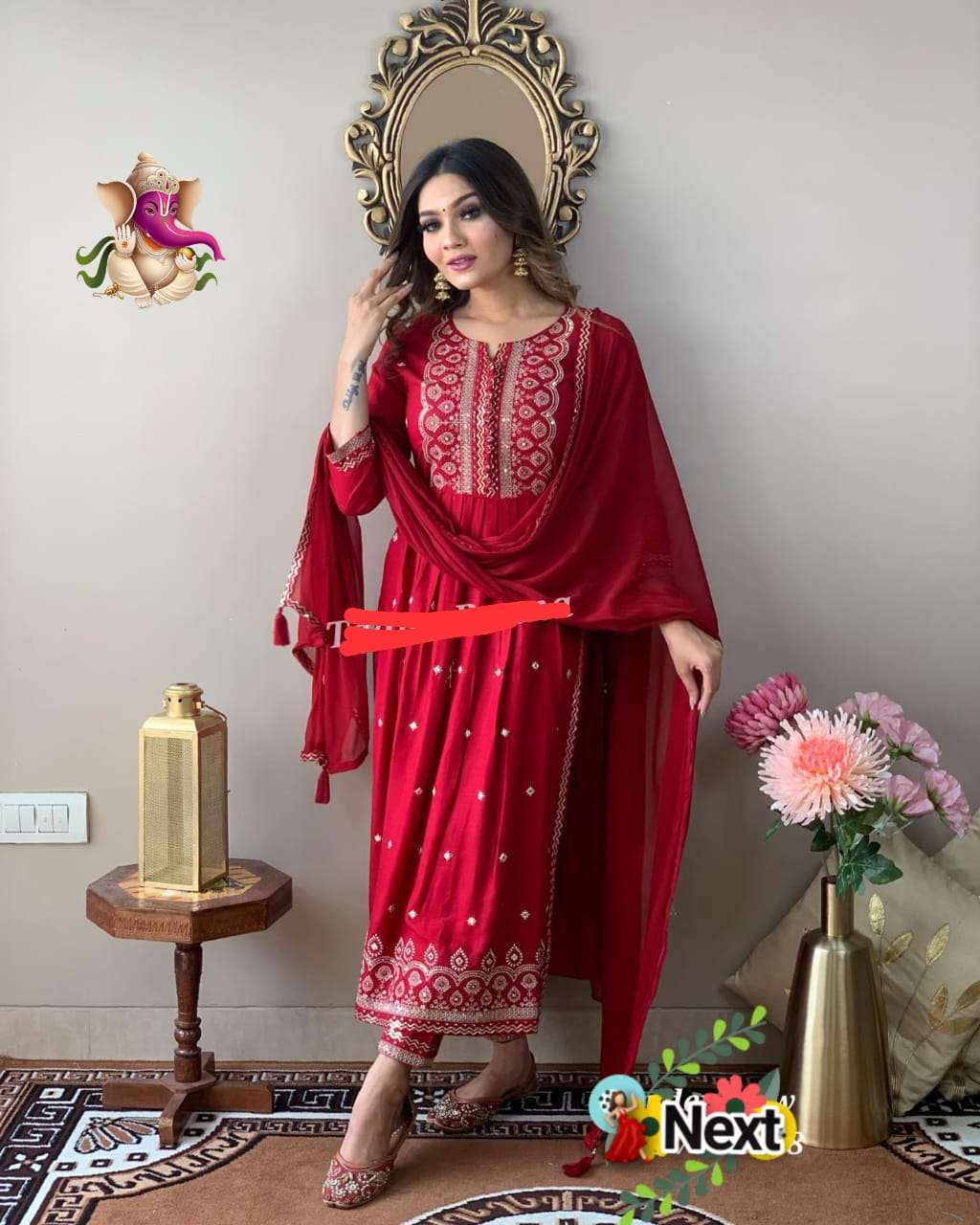 rose berry look stylish in our new long  naira cut slit reyon kurta pant dupatta set for all day comfort nayra cut readymade kurtie with pant and duppta in red colour sequence work nairacut readymade suit 