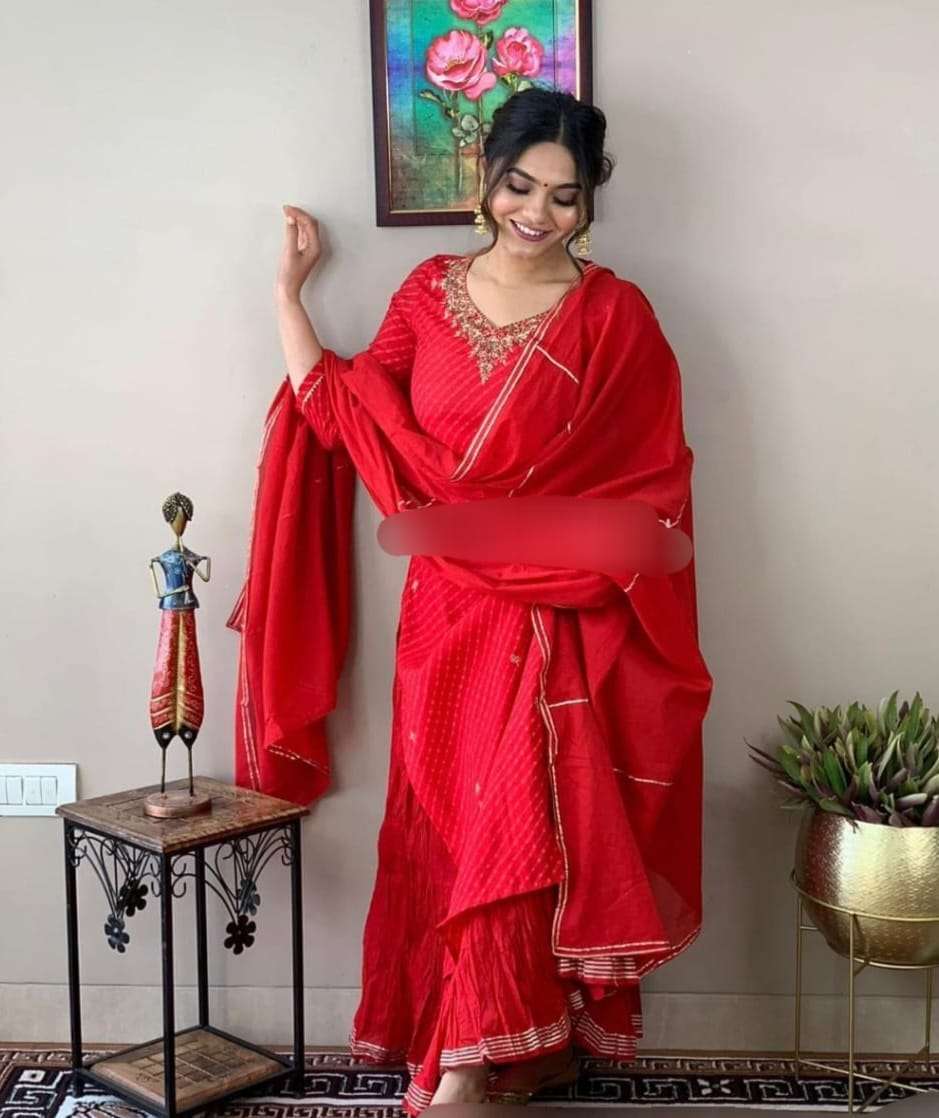 sawan special dhamaka lehriya design doll up in our sharara suit set with leheriya prints and handwork n gota laces red colour readymade leheriya design suit 