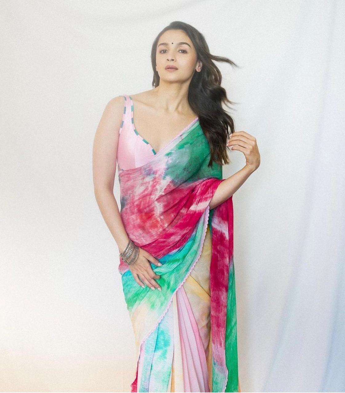  design number ms209 aliya trending alia bhatt bollywood replica saree chinon with reach digital fine print with fancy readymade lace border fancy stylish saree 