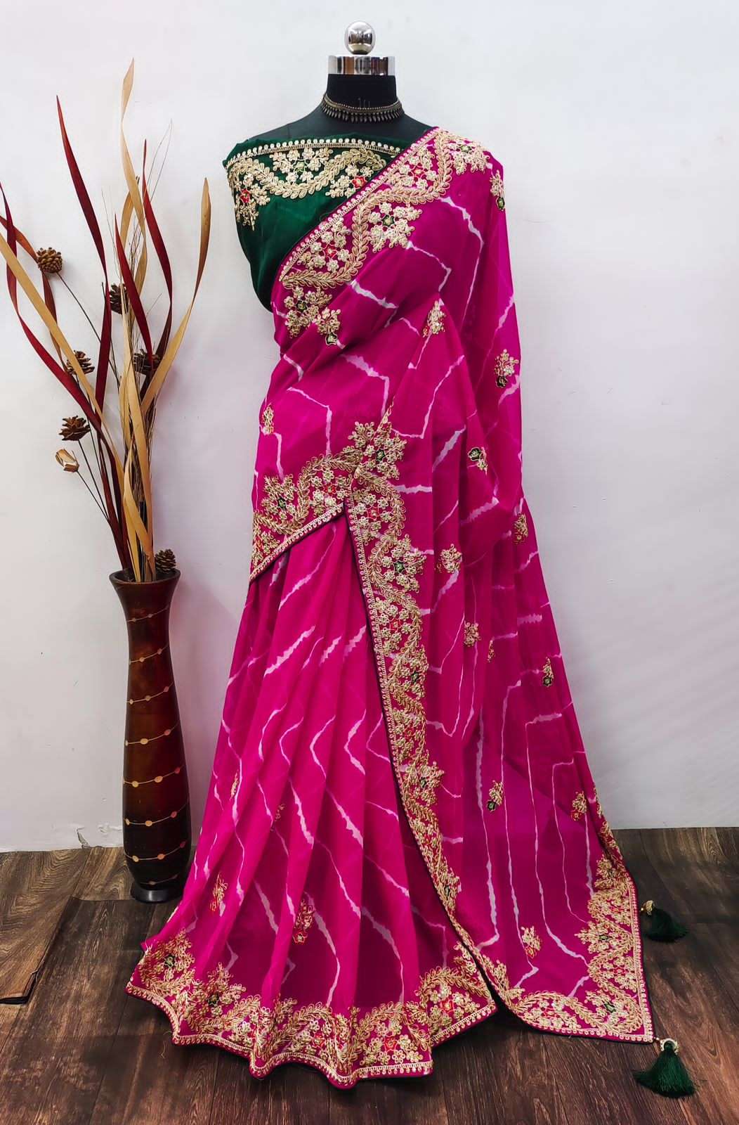 heavy georgette c by c shaded lehriya saree with beautiful heavy 3mm sequins coding plus multi nd gota cpallu work nd all over saree with butta with rich piping nd heavy phumka latkan 