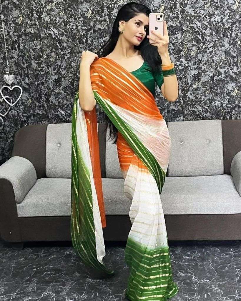 indian flag shade saree for 15 august viscose soft georgette base dyebal with heavy jari lining in full saree with indian trianga print saree for 15 august 