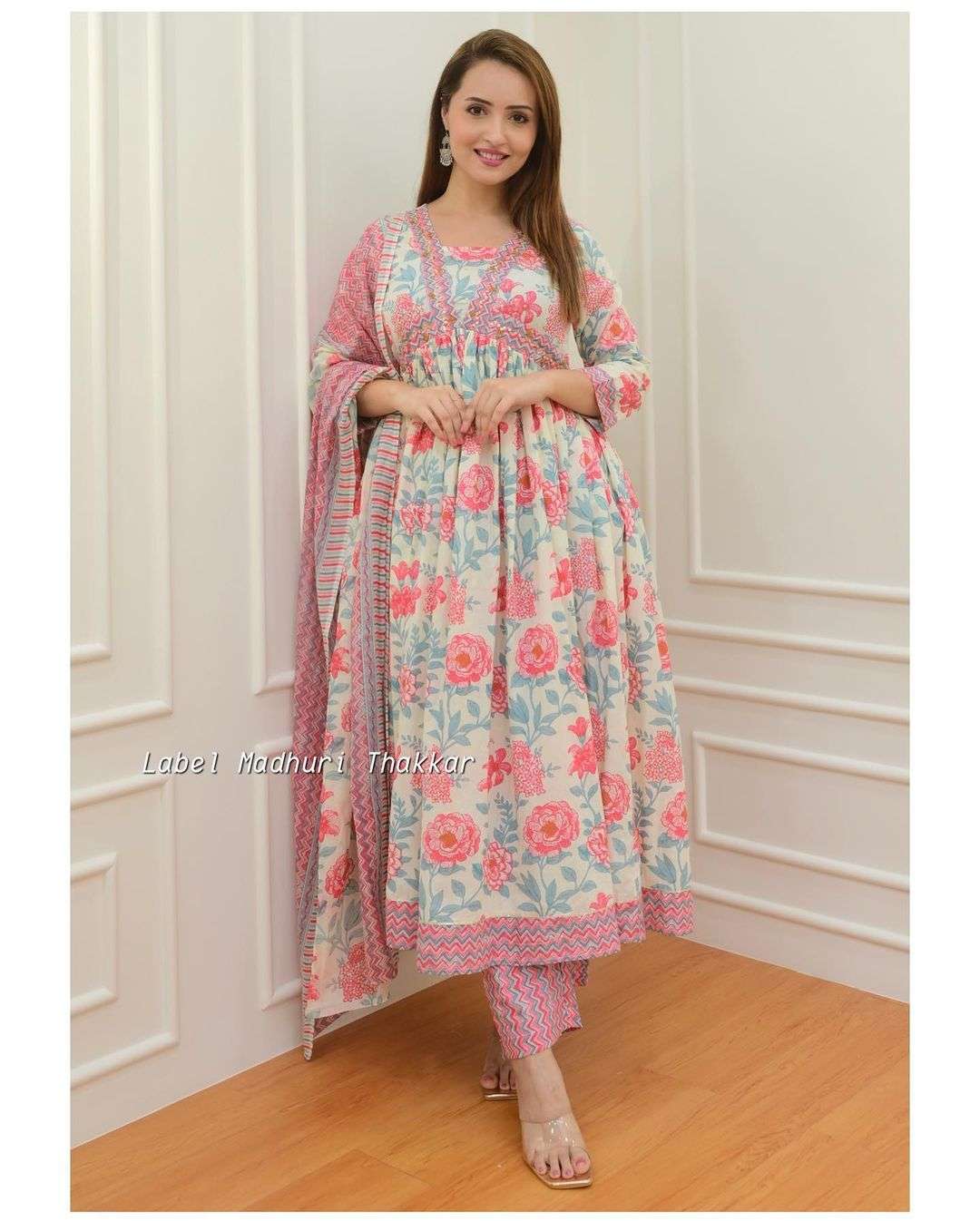 aliacut anarkali premium cotton suit set festive gathering white pink floral anarkali suit set readymade aliacut kurtie with pant and duppta readymade aliacut suit  