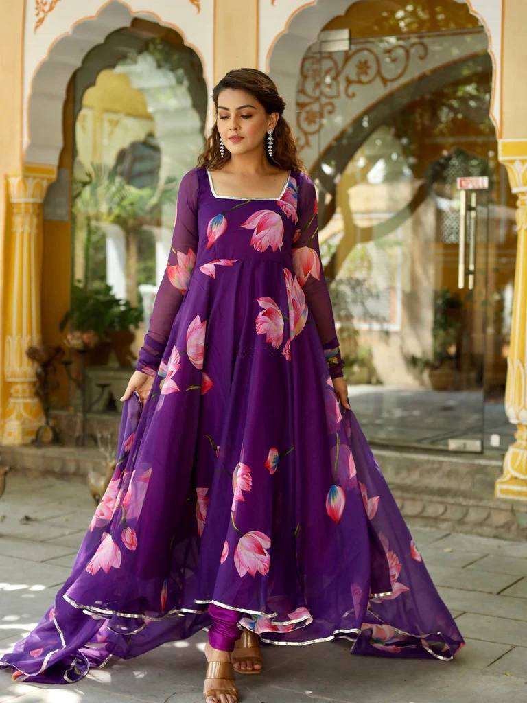 design no 218 purple lotus fresh  floral georgette anarkalis a perfect wedding outfits to look elegant n simple the neckline with gotta lace readymade anarkali gown floral print purple colour 