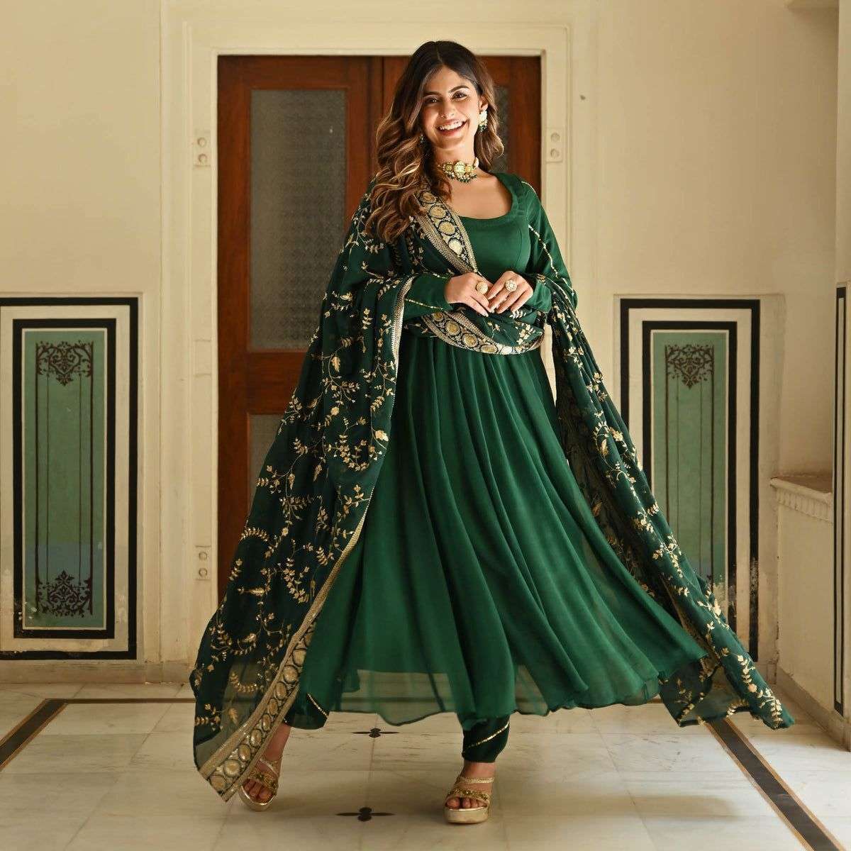 anarkali set in mesmerising green readymade bottle green anarkali gown with heavy duppta partywear   