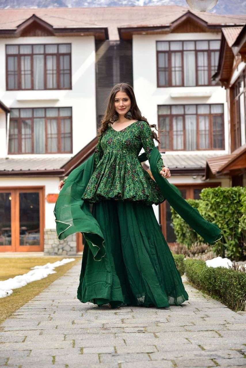 design number 408 green rayon sharara wedding collection perfect outfit for mehendi reception garba night green rayon sharara set a perfect mehendi outfit for wedding season 