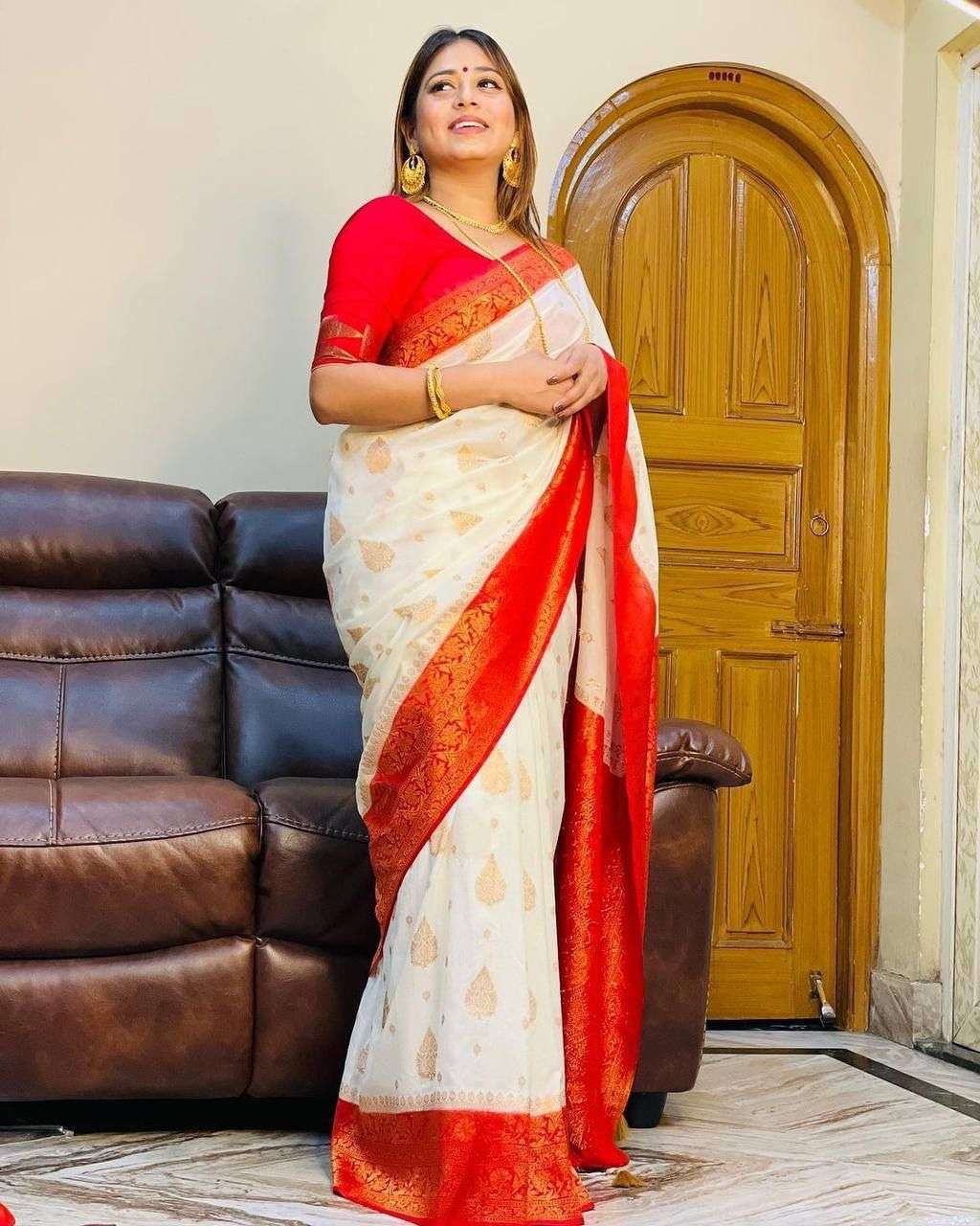 durga puja sepcial saree white and red colour fabric soft lichi silk blouse constrast lichi silk blouse work jacquard weaving work with gold waving all over saree 