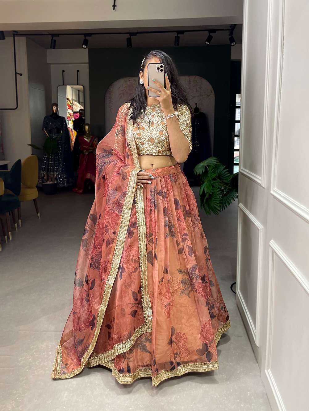 lehenga collection adding a touch of grace to your most relevant day with this beauty of a printed organza lehenga 1010 brown and wine colour 