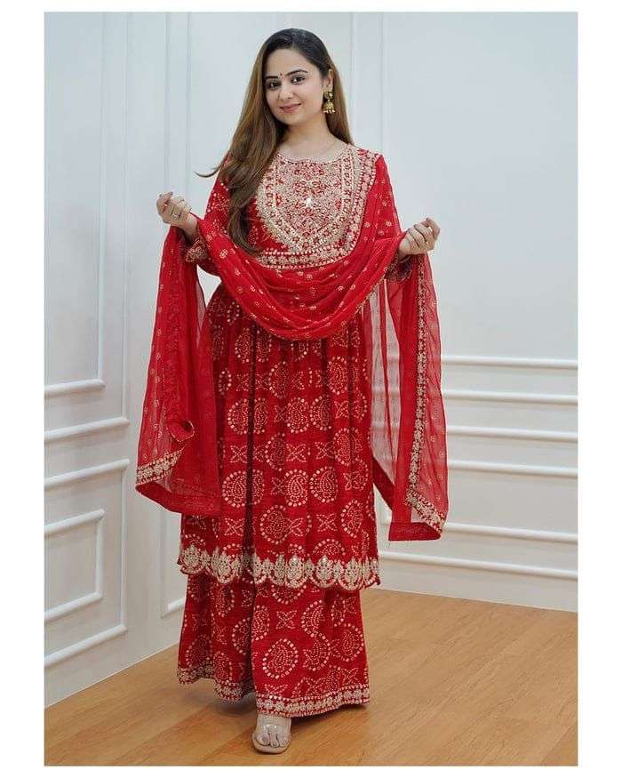 readymade kurtie with pant and duppta heavy embroidery mirror work colour red pink fabric heavy reyon inclusive top bottom n dupatta readymade dresses collection  