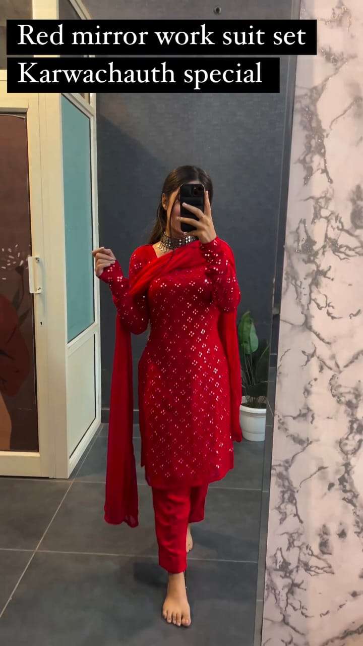 red colour full stitched dress collection premium georgette embellished with beautiful  embroidery work with gotta mirror work with sleeves with inner