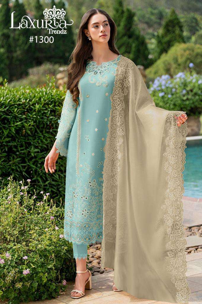 laxuria trendz design number 1300 designer pakistani readymade suit collection luxury pret collection in tunic n cigarette pants with organza duptta 