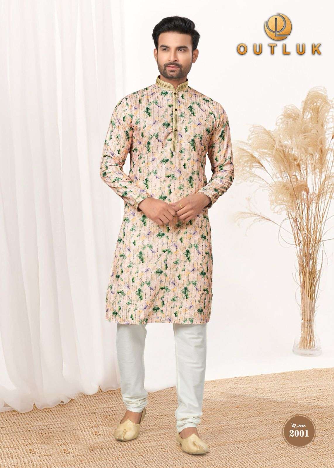 mens wear kurta pyjama catalog name outluk wedding collection vol 2 series 2001 to 2005 heavy cotton digital print with sequance thread and pintex work  