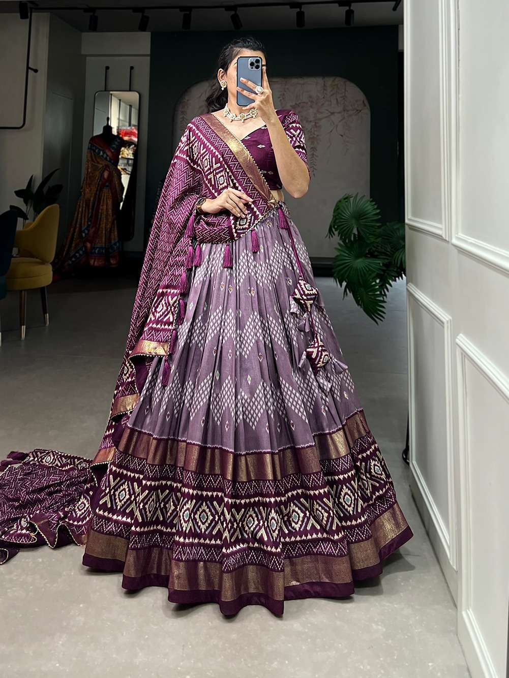 1688 lehenga choli elegant light shades to complement to create beautiful aura in wedding function tussar silk  lehenga work dot and ikkat print with foil work 