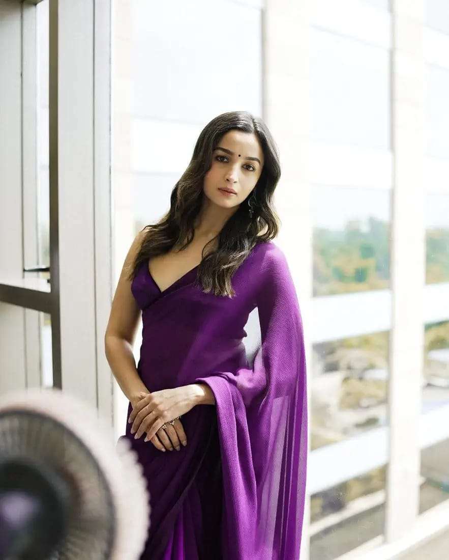 alia bhatt chiffon dark purple saree step into the spotlight with the enchanting allure of the alia bhatt soft georgette dark purple bollywood event party wear saree 