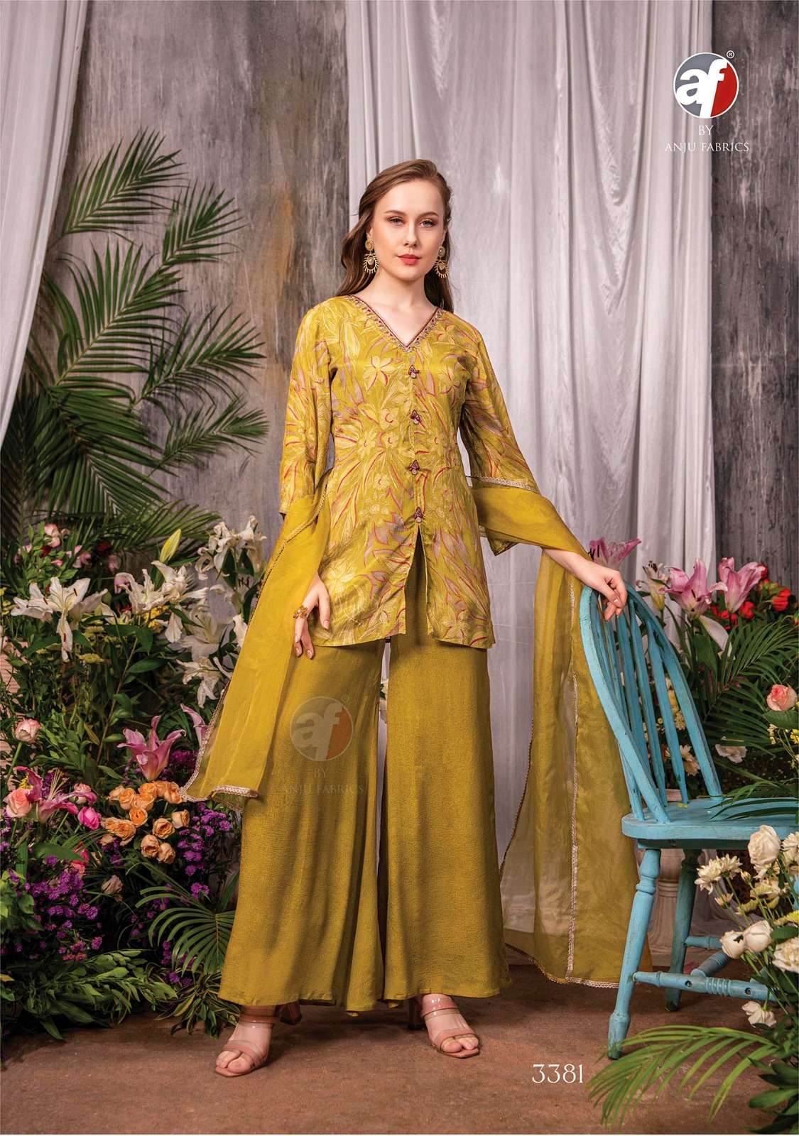 anju fabric stockout by anju fabric catalogue ehsaas series 3381 to 3383 kurtie plazo with designer readymade collection  