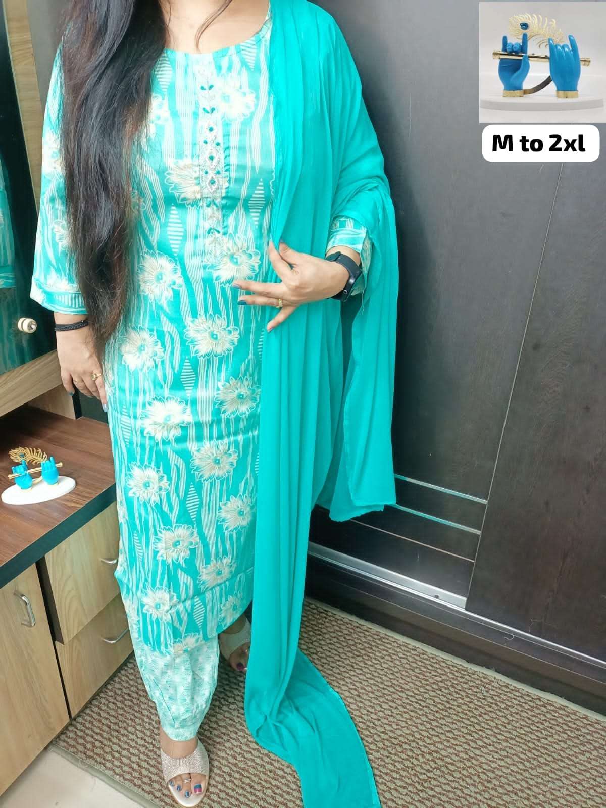 cotton rayon printed with beautiful moti handwork straight kurti with afghani style pants n shiffon dupatta readymade kurtie pant and duppta suit  