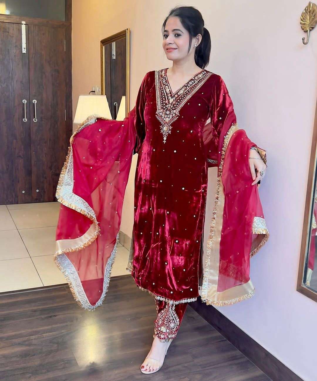 design number ad 134 designer partywear readymade heavy embroidery red colour velvet suit collection readymade velvet suit  