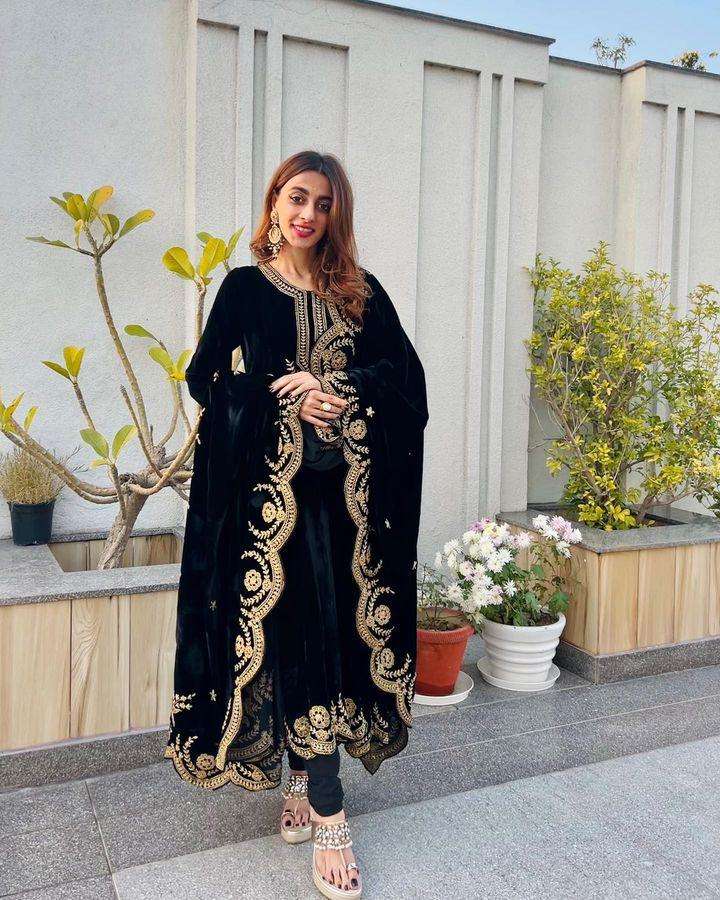  designer partywear readymade black colour and marron colour velvet readymade suit collection designer partywear readymade velvet suit 