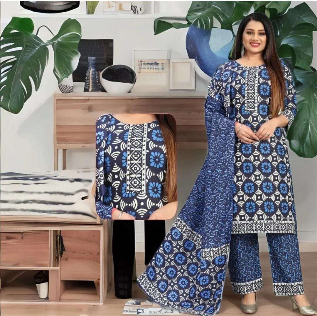 jaipuri printes kurti set festival wear top pant dupatta set cotton printed readymade kurtie with pant and duppta set  