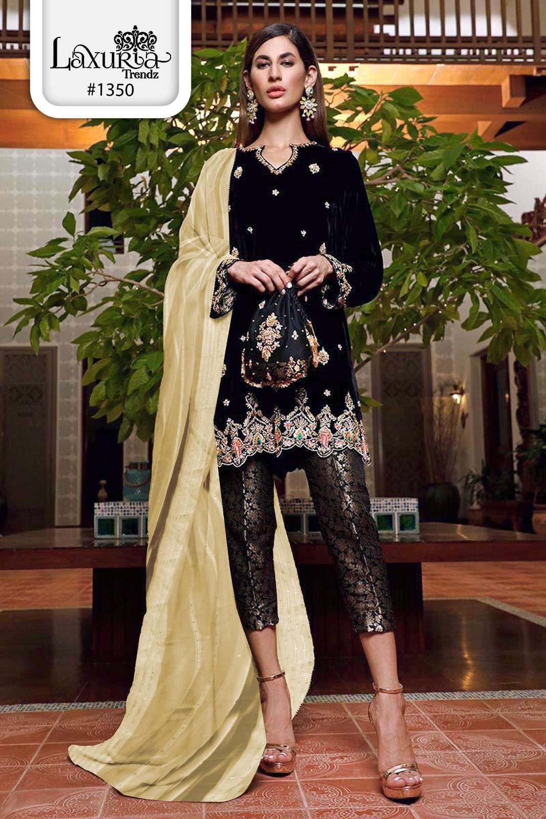 laxuria trendz design number 1350 designer embroidery front n back velvet tunic n neck pattern with embroidered sleeves paired with jacquard fabric straight pant 