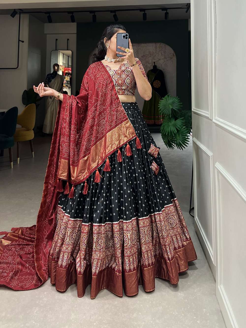 lehenga choli bandhani print chaniya choli showcases intricate ajrakh print and foil lacework design number 1686  dola silk lehenga work bandhani and ajarakh print with foil work   