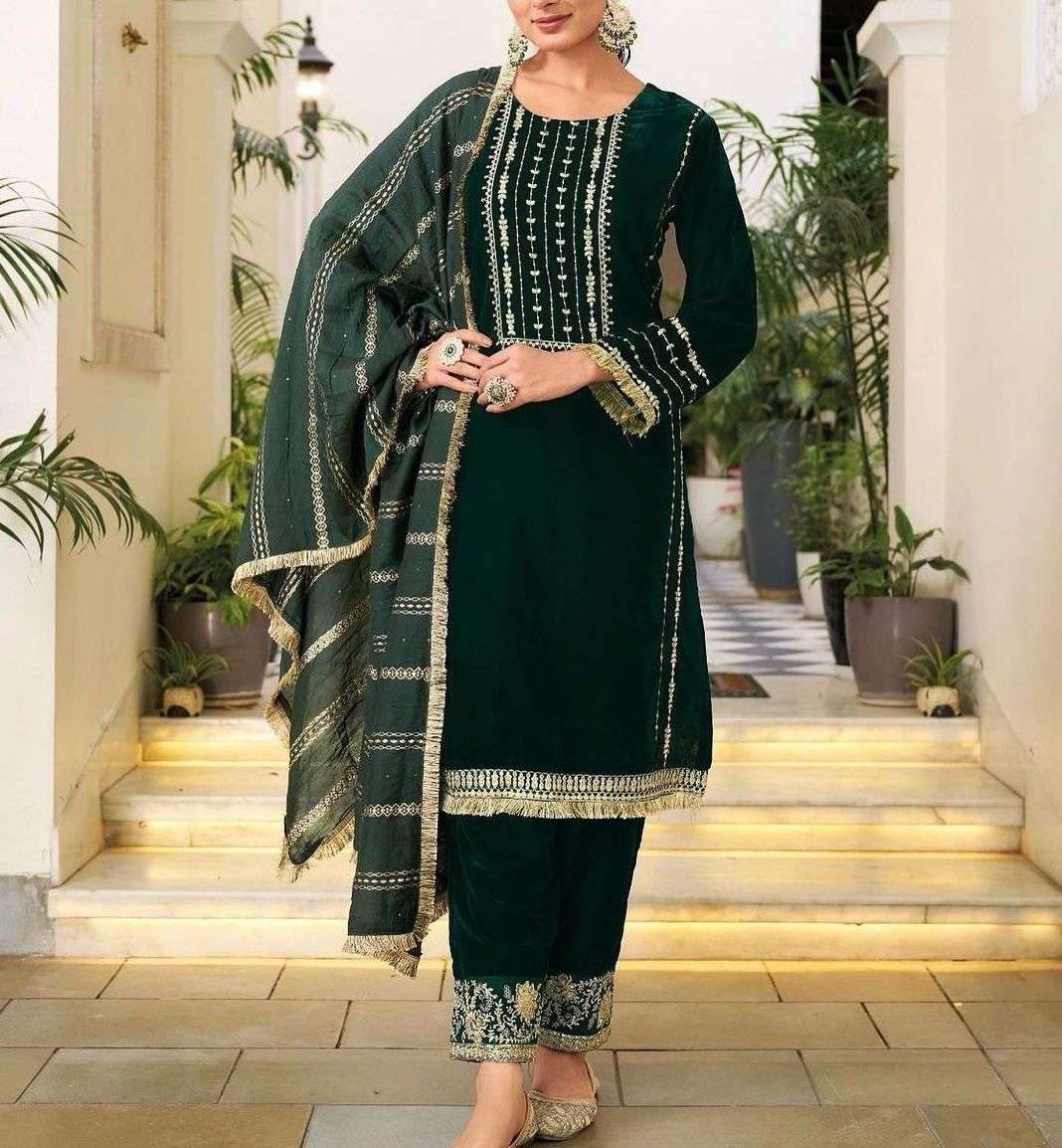 pd 1035 readymade partywear velvet suit collection heavy pure viscose velvet with embroidery 5 mm sequence work with sleeves top size up to 42 xl free size n xxl 44 margin 