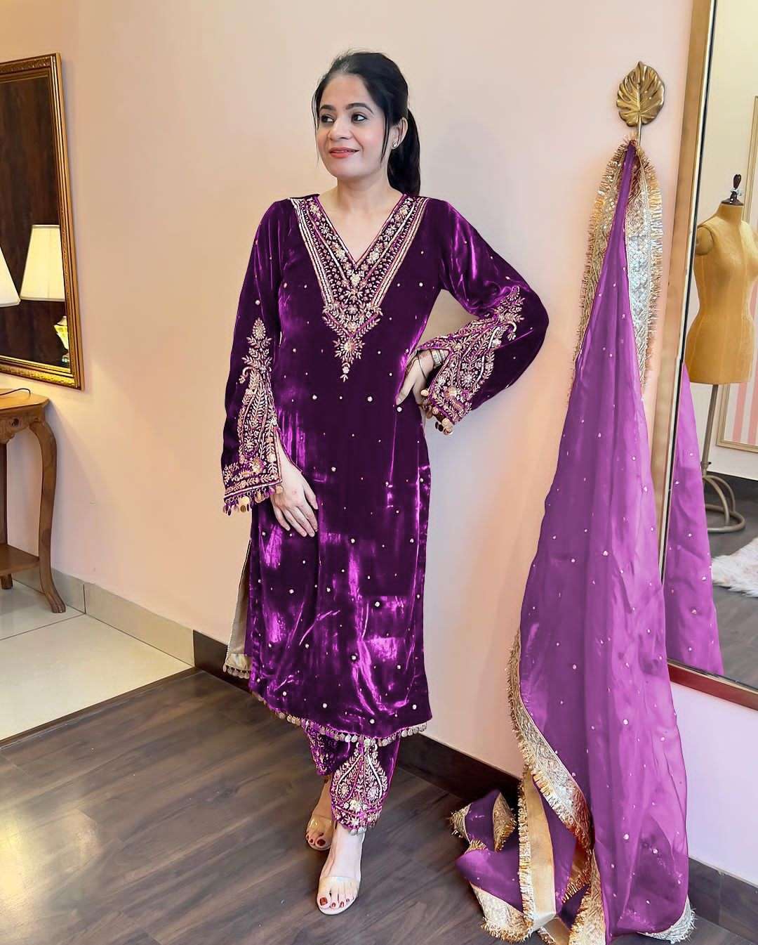 readymade partywear velvet suit ad 134 new colours heavy pure viscose velvet with embroidery 5 mm sequence work with rivet moti work with fancy coin latkan with fancy bell sleeve 