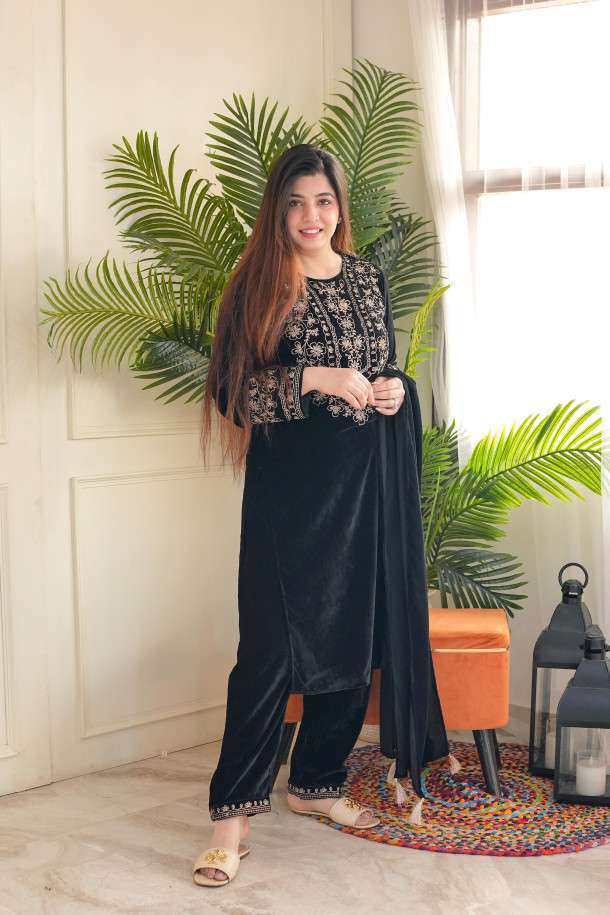 shanya pure high quality velvet suit set black lovers presenting velvet suit set with fine embroidery on the neck coming along with straight velvet kurta pants duppta  