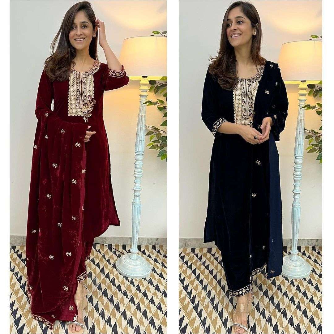 winter special collection velvet fabric kurtas and pants set with embroidered velvet dupatta can be used as a shawl too black and maroon readymade velvet suit 