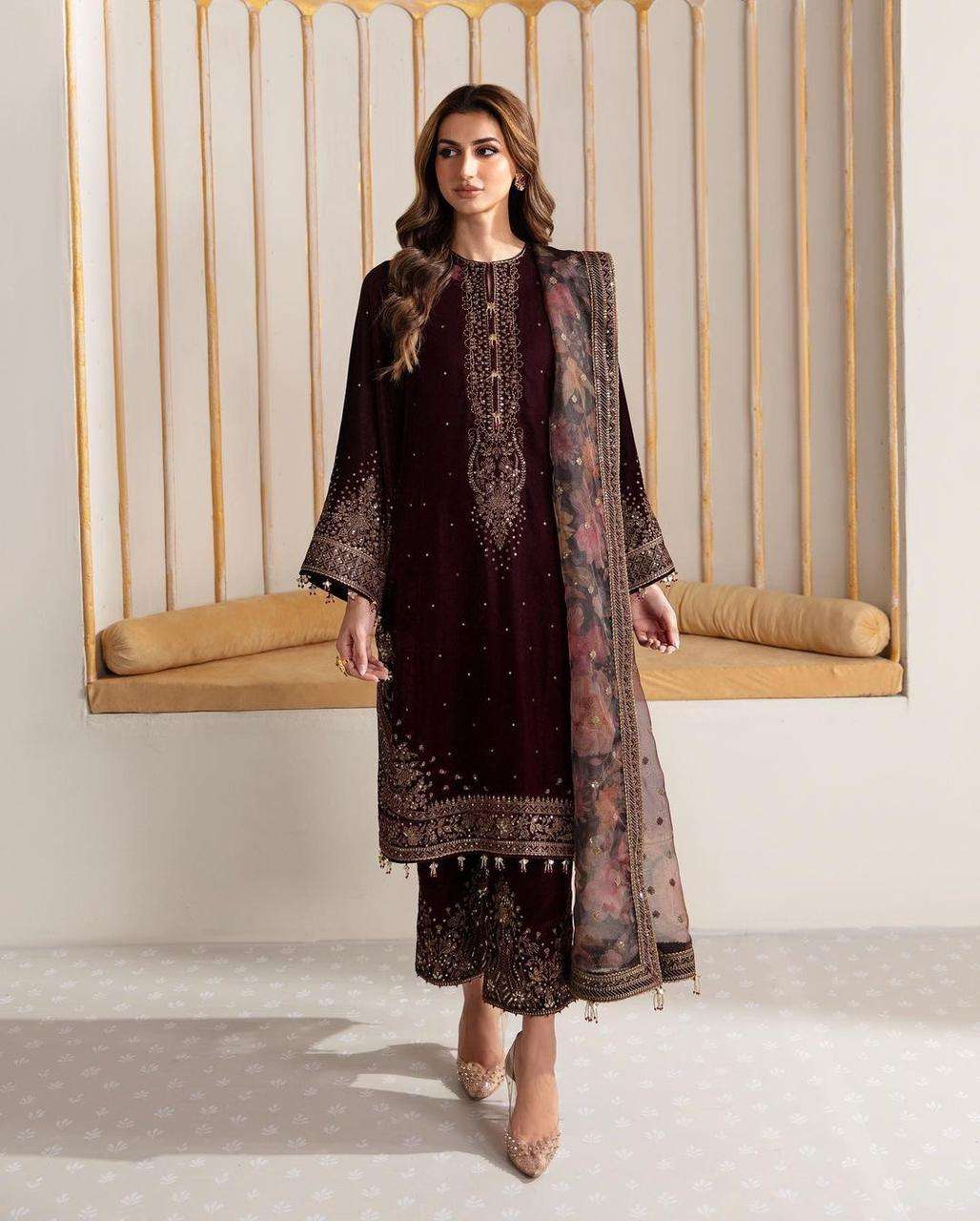 design number pd 1037 designer partywear readymade suit op fabric heavy pure viscose velvet with embroidery 5 mm sequence work with fancy  latkan with fancy bell sleeve