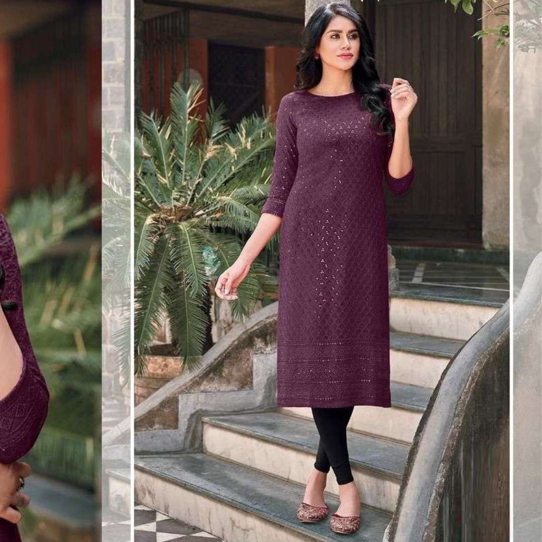 kurti detail fabric pure rayon front back chikan work with sequence straight kurti with schiffli work lucknavi work kurtie  