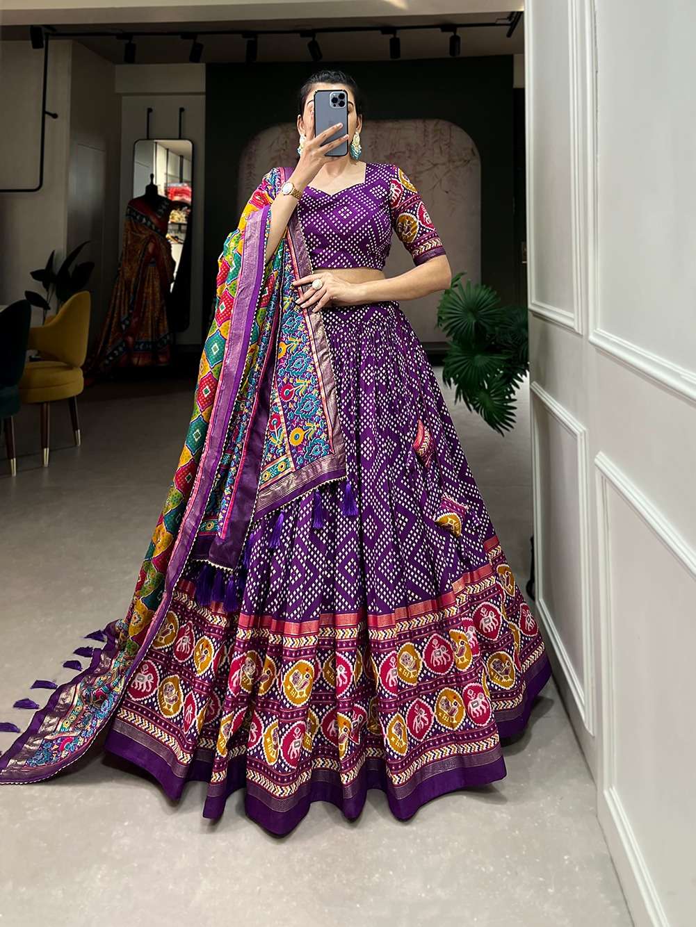 lehenga choli this beautifully printed lehenga design going from a royal shade ensemble for function design number 1687 tussar silk lehenga work bandhej and patola print with foil work 