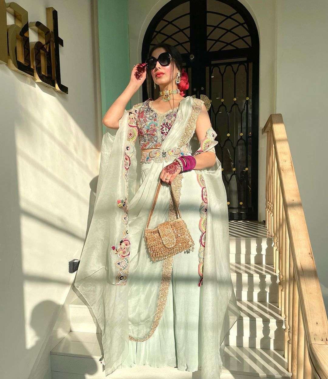 pd 1036 launching new wedding n party wear look fancy four pis set with belt heavy faux georgette with embroidery work indowestern in white colour 