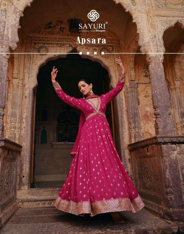 sayuri designer catalogue apsara series 5385 to 5387 designer partywear readymade gown collection heavy anarkali partywear gown  