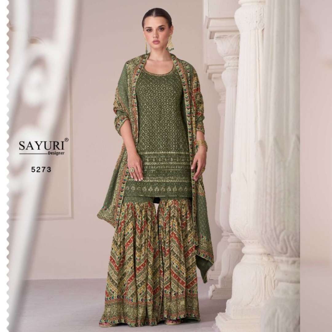 sayuri designer catalogue shararara series 5273 to 5274 premium silk plazzo real gerogette duptta real gerogette designer partywear readymade suit collection  