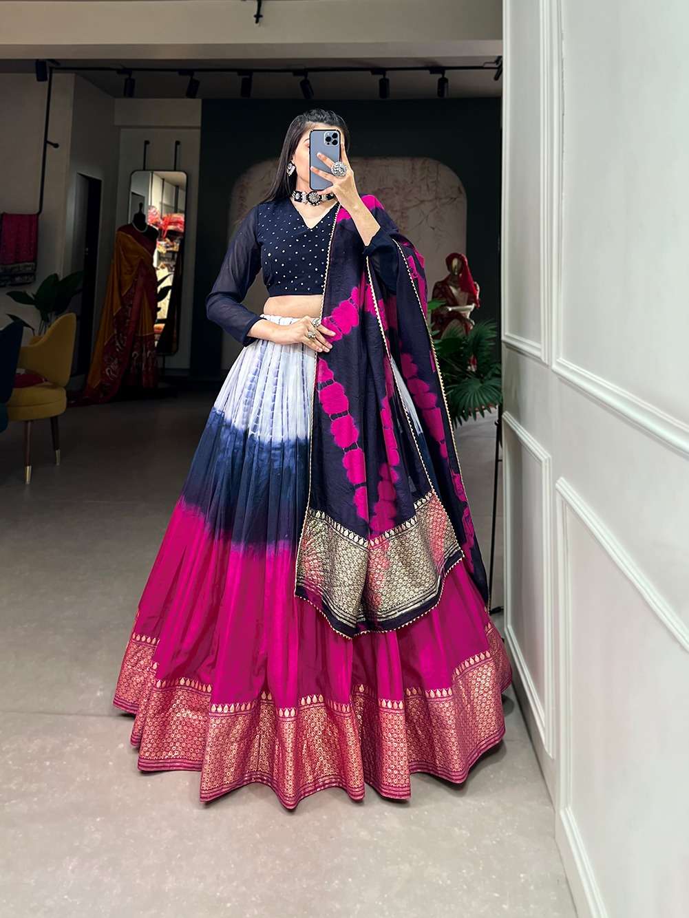 1901nbl 1901mnd 1901blk 1901tel lehenga choli a modern take with traditional touch up for the wedding season this lehenga handcrafted shibori print with zari border on pure chanderi lehenga