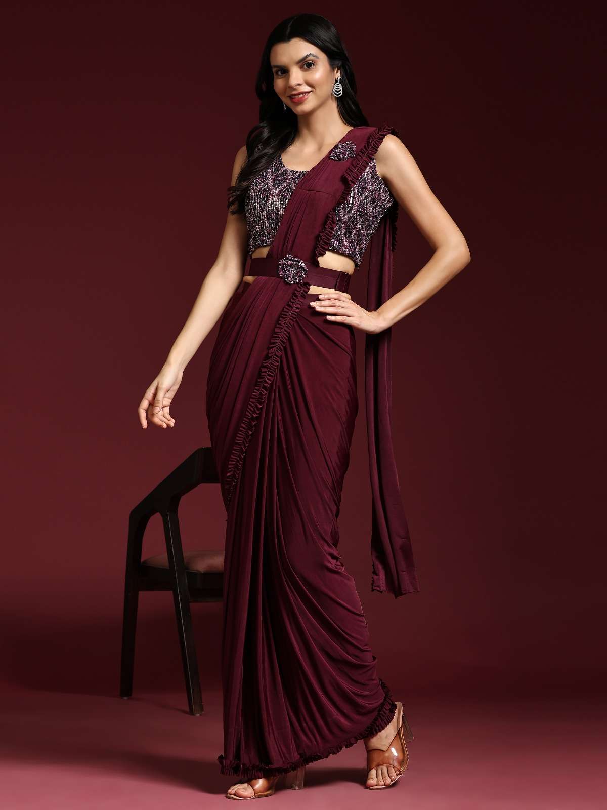 ready to wear saree ready to wear saree design no 101009 blouse exqusite sequin work saree imported fabric with belt and border in little frill designer partywear saree 