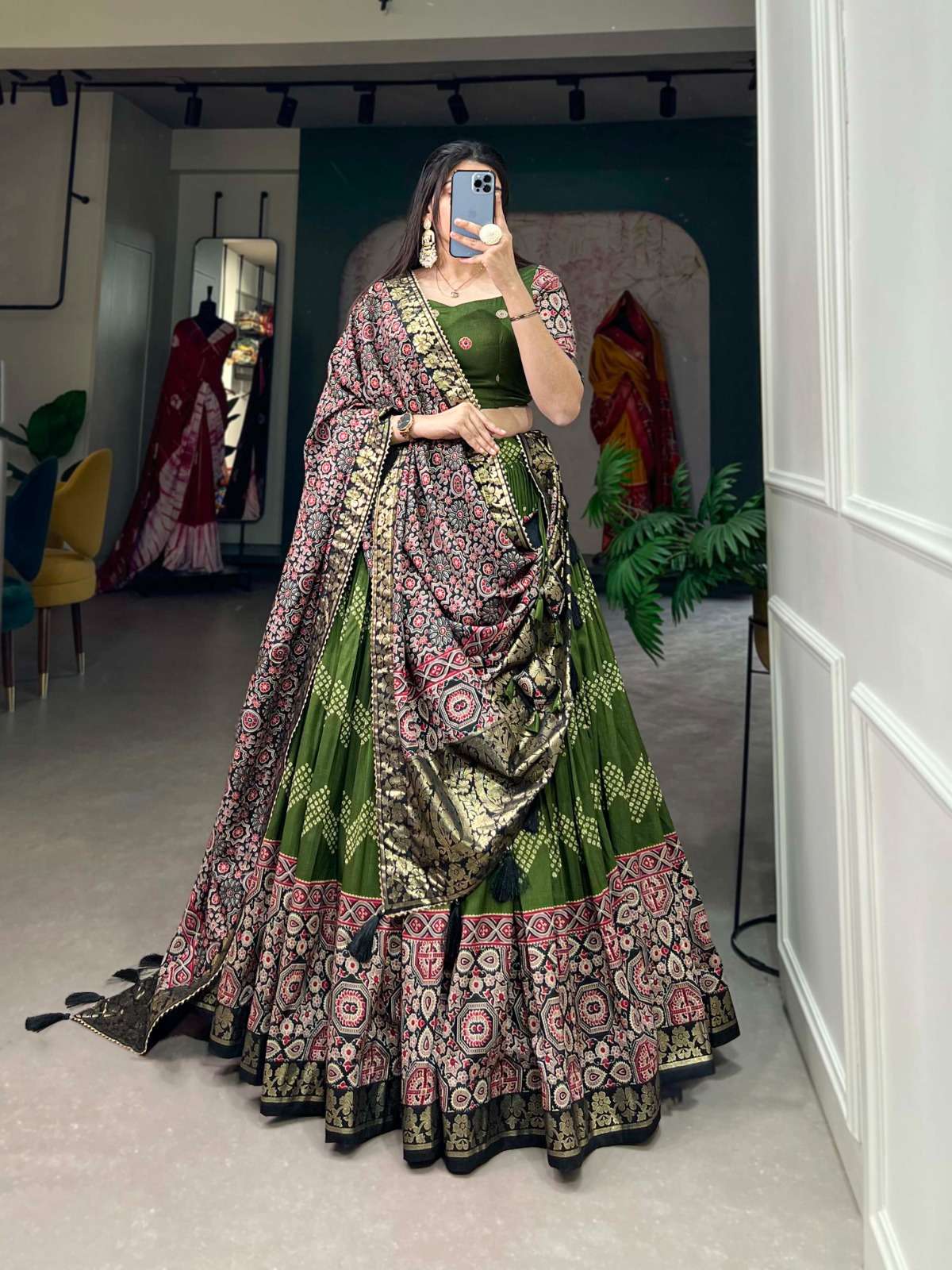 lehenga choli in the embrace of tusser silk adorned with ajarakh prints the lehenga choli becomes not just a garment but a reflection of tradition grace and beauty lehenga