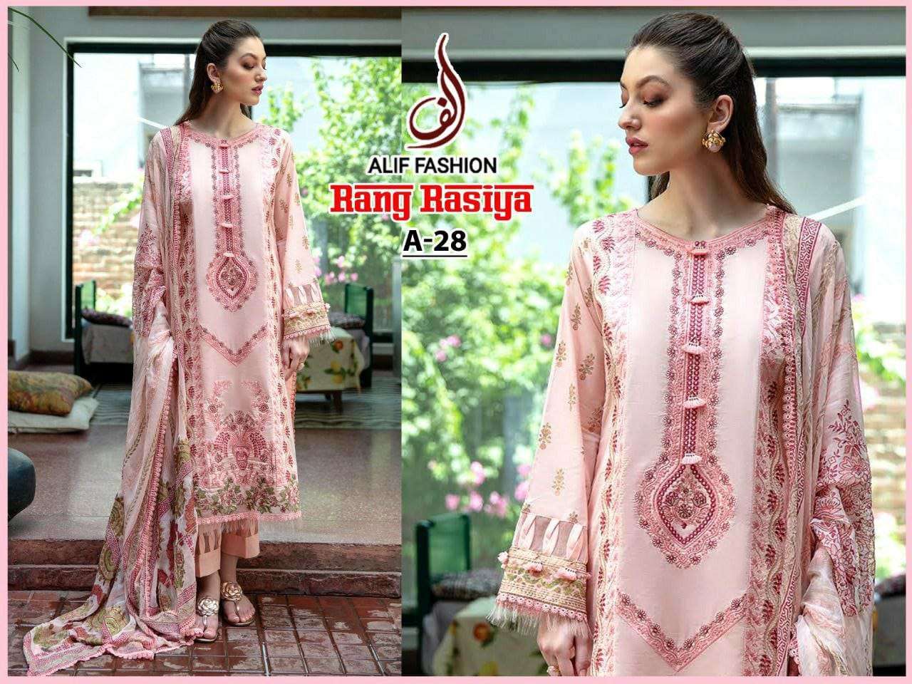 alif fashion launching pakistani concept  rang rasiya a 28 fabric top cambric cotton with heavy embroidery with patch work bottom cotton with embroidery lace