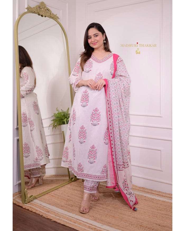  cotton carnival featuring beautiful heavy pure cotton suit set which is beautifully decorated with intricate hand work and prints it is paired with matching pants and dupatta and pant