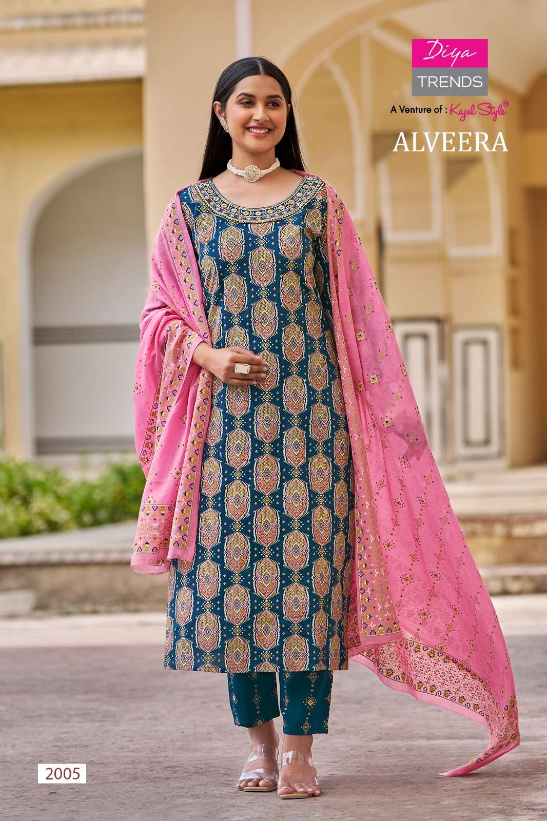 diya trends catalouge name alveera pattern straight kurti,pant n dupatta fabrics reyon with classy gold print fancy embroidery work mal pallu border dupatta size m to xxl