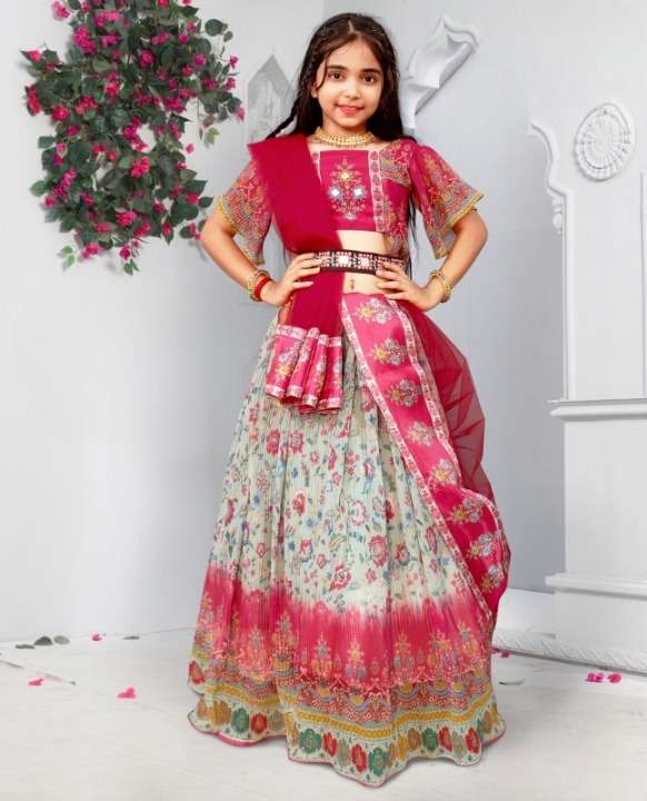 girls kids wear lehenga choli 6 year to 12 year Raavi lahenga choli Fabric Georgette Kreez Print  Flair 3 meter Blouse semi stitched Real mirror belt kids wear 