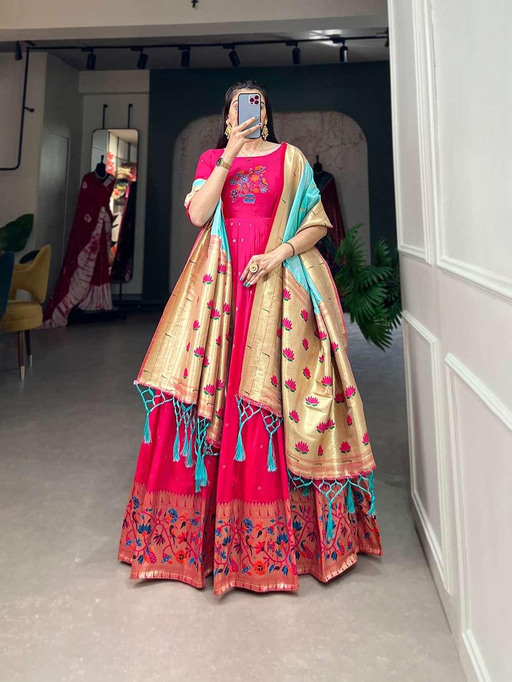 gown collection woven with threads of tradition and dreams, the jacquard silk paithani dress embodies timeless elegance lnb5302pnk lnb5302prl lnb5302ong lnb5302red gown stitched jacquard silk