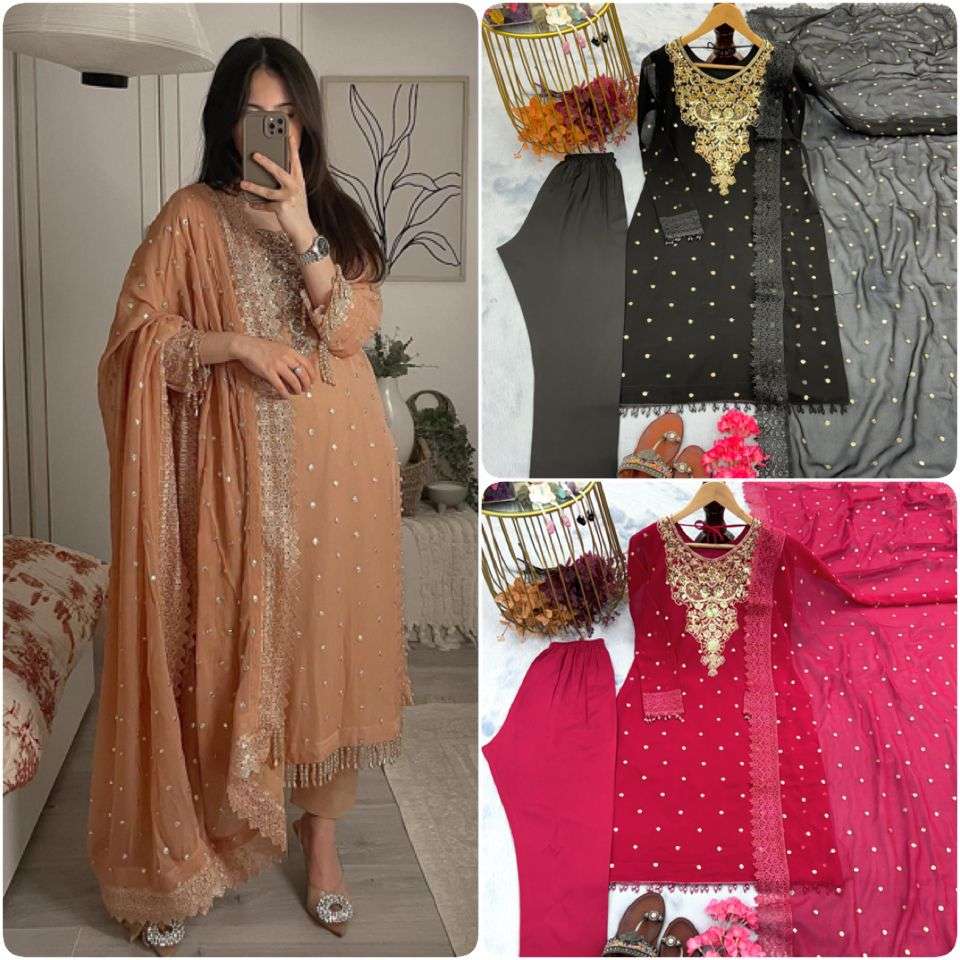 heavy faux georgette top bottom n dupatta set code pd1054 top fabric heavy faux georgette with embroidery 5 mm sequence work with pal moti hand work with full sleeve with fancy latkan