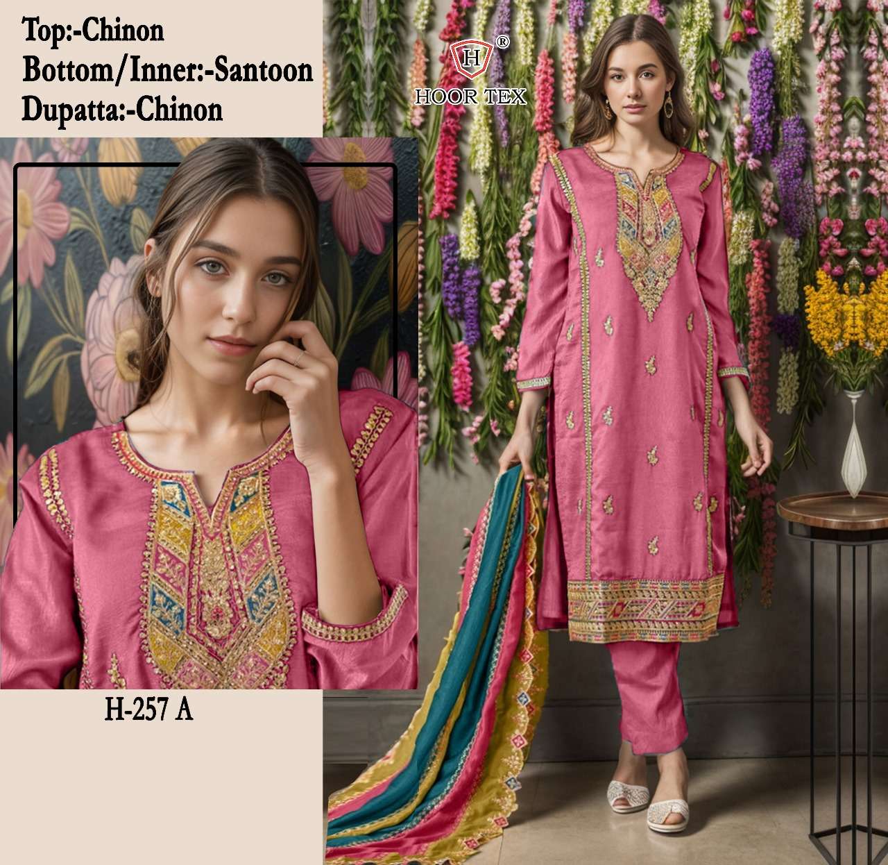 hoor tex design number h 257 a to c pakistani suit top heavy chinon bottom santoon inner santoon dupatta heavy chinon Pakistani suit in wholesale price