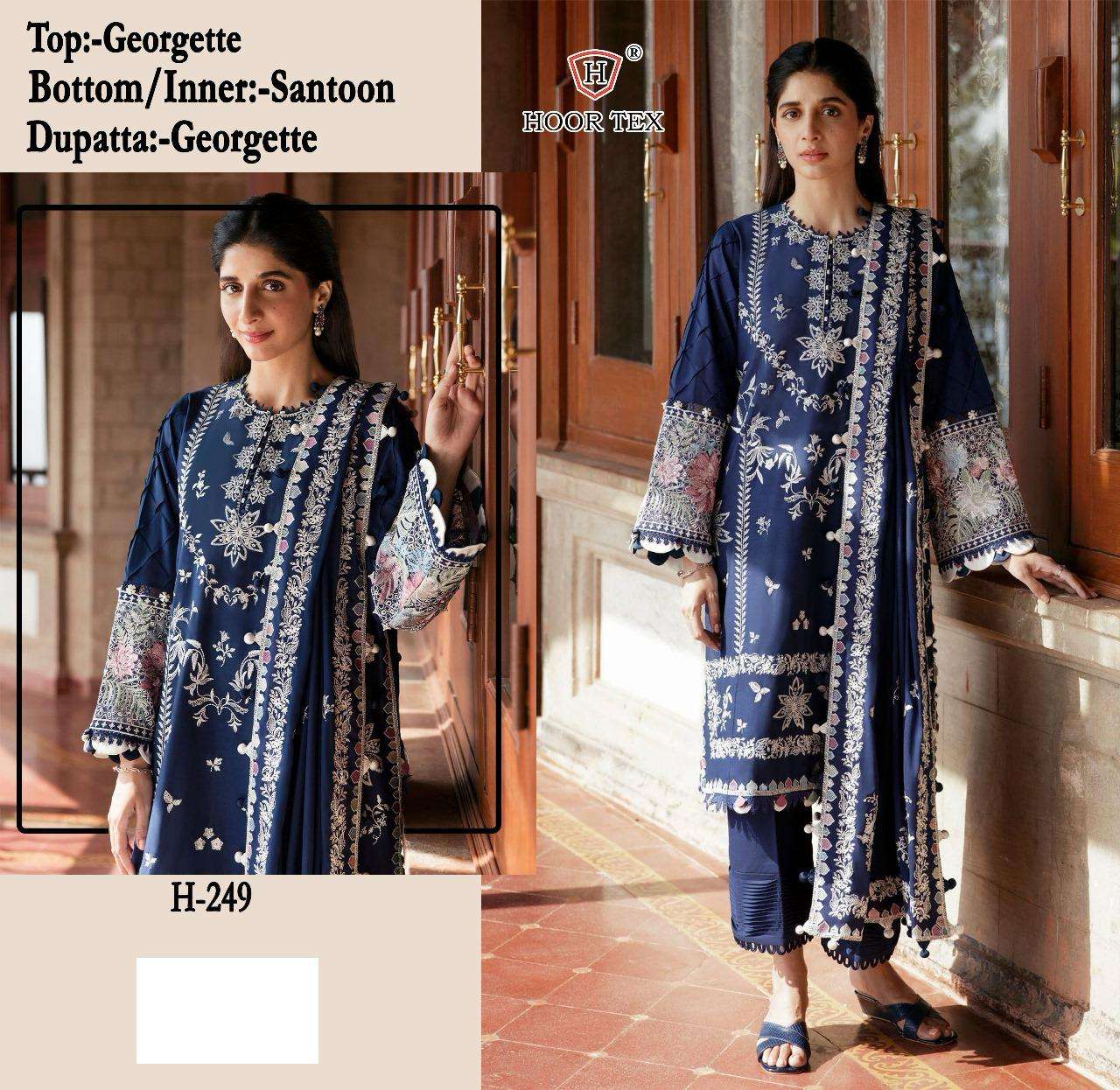 hoor tex h 249 a to d pakistani suit dresses  top fox georgette bottom santoon inner santoon dupatta georgette pakistani partywear heavy embroidery dresses