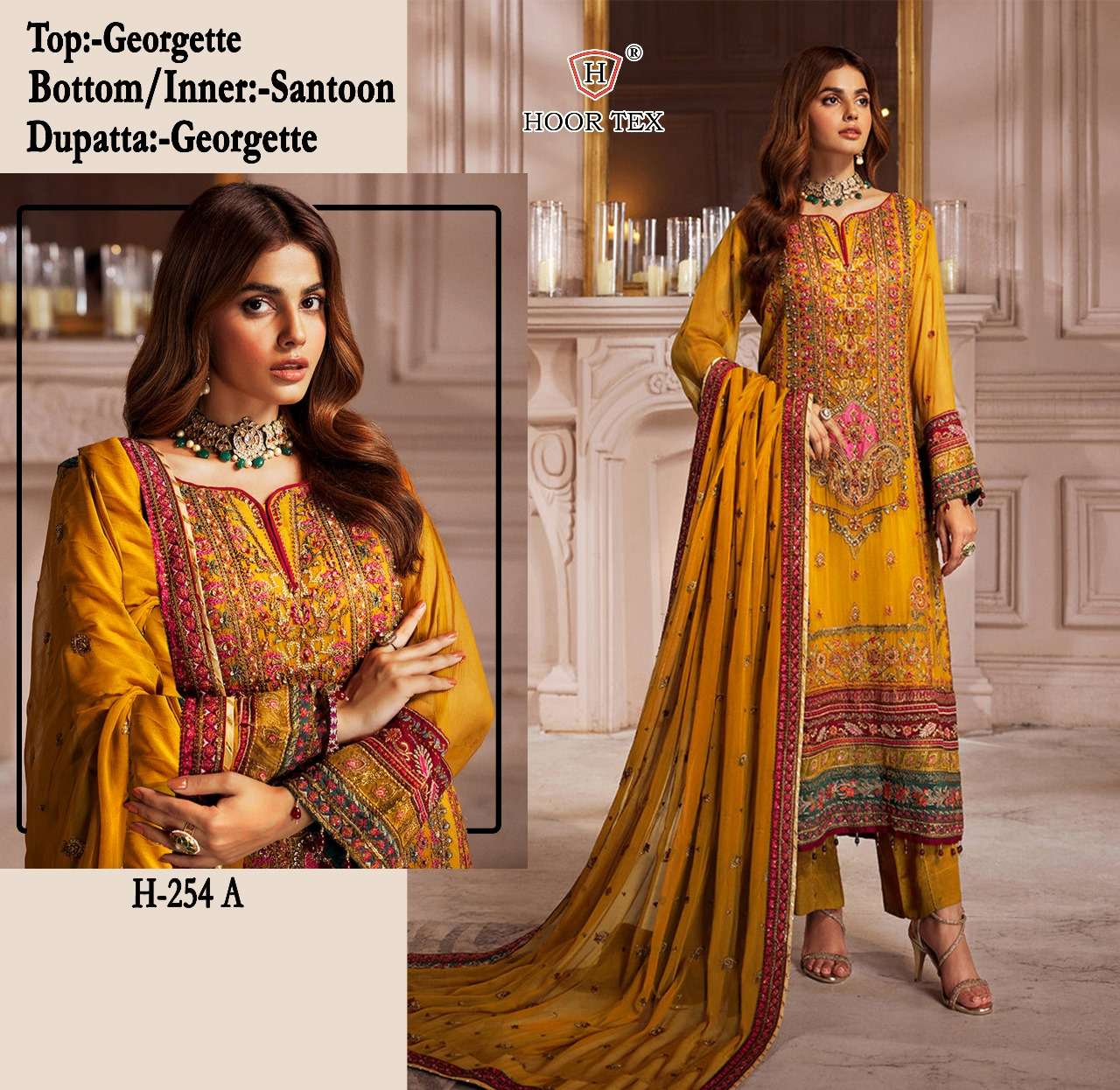 hoor tex h 254 a top fox georgette  bottom santoon inner santoon dupatta georgette pakistani heavy emebroidery pakistani suit 